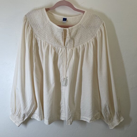 Old Navy Womens Smocked Peasant Blouse Cream Size XL Cotton Blend Tassels - Picture 1 of 10